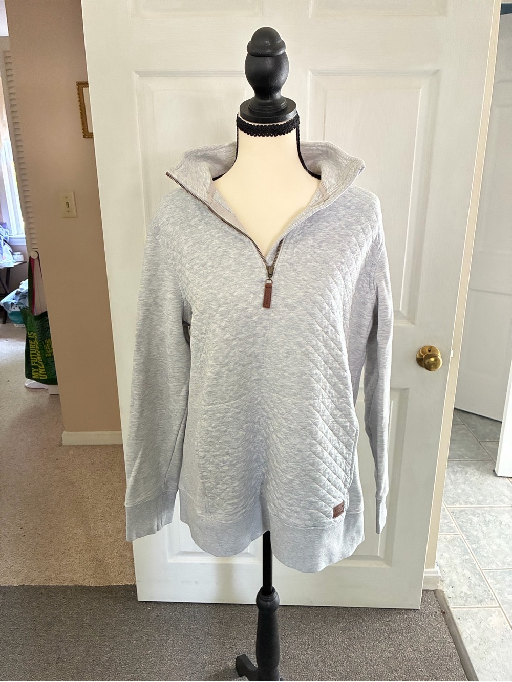Ll Bean Light Gray Quilted Half-Zip Sweatshirt